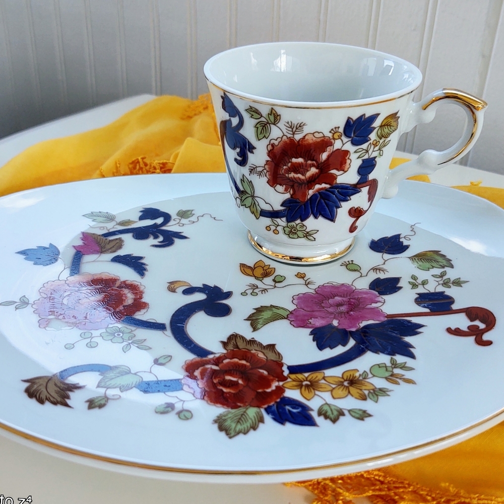 VTG Japanese Hand painted 22K rim Asian Lunch Plate Set Imari style floral peony